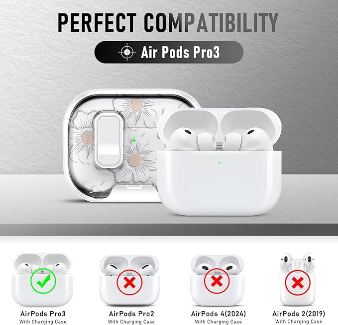 Compatible Airpods Pro 3 Case (2025) with Phone Stand & Cleaner Kit,Cute Flower Print Soft Silicone Lock Clip Apple AirPods Pro 3rd Generation Case, Airpod Pro 3 Cover with Keychain for Women/Girls