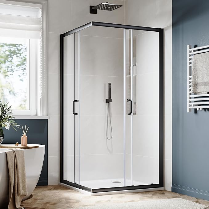 SUNNY SHOWER Corner Sliding Shower Doors 36 in. x 36 in. x 72 in with 1/4 in.Clear Glass Shower Enclosure 2 Fixed Panels & 2 Sliding Shower Glass Panels Corner Shower Stalls Matte Black