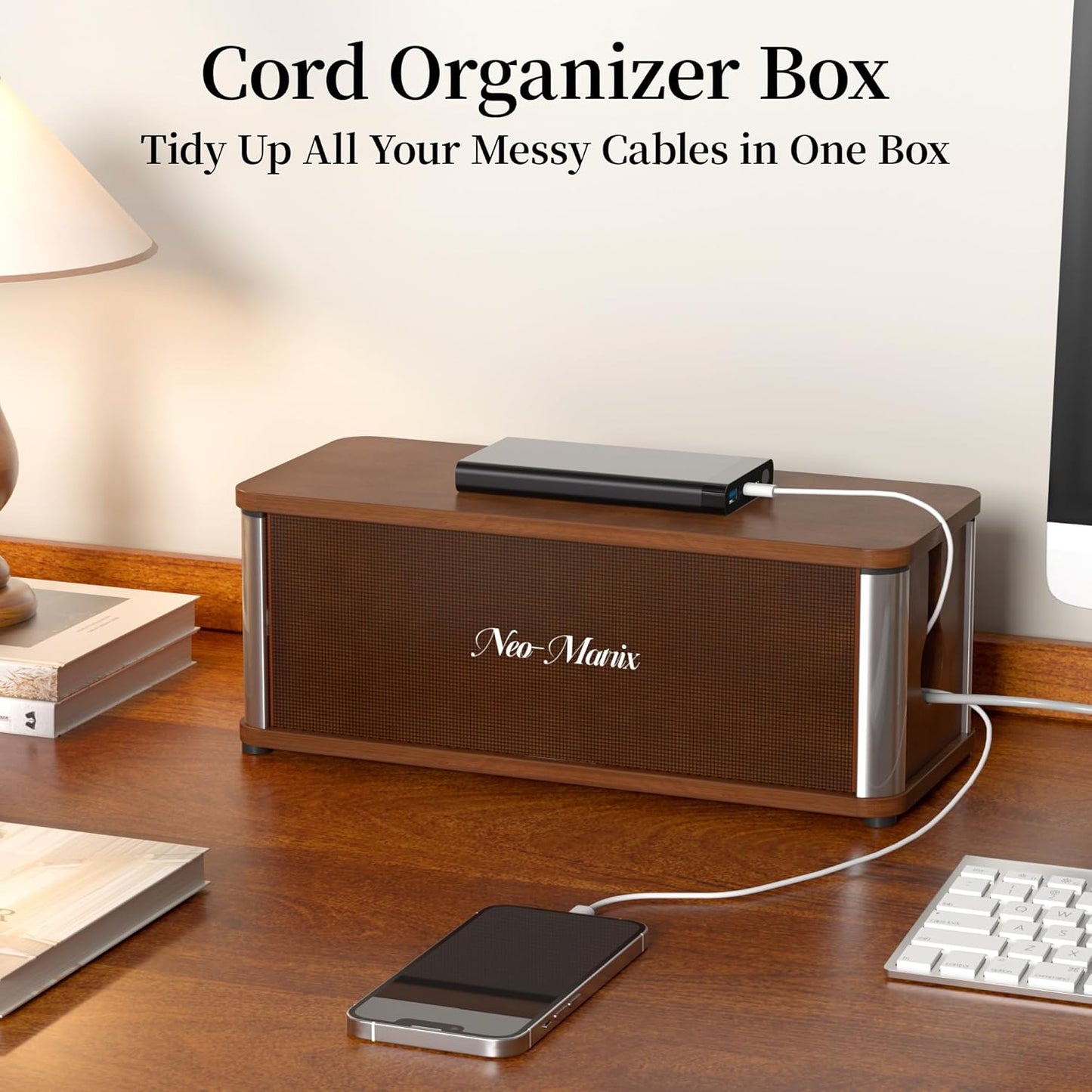 Techloop Living Wooden Cable Management Box – Retro Desk Cord Organizer, Dark Brown 14.3"