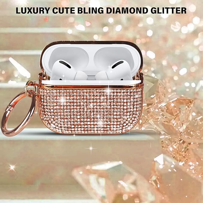 LUVI Compatible with AirPods Pro (2019) Diamond Case Rhinestone Bling Glitter Crystal Shiny Sparkle Cute Protective Shockproof Cover for Women Girls Luxury Skin with Keychain Rose Gold