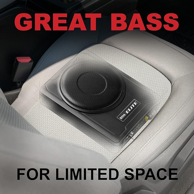 BOSS Audio Systems SLIM8 Elite Series 8 Inch Powered Car Subwoofer - Low Profile, Remote Subwoofer Control, Built in Amplifier, Under Seat, for Truck, Hook Up to Amplifier