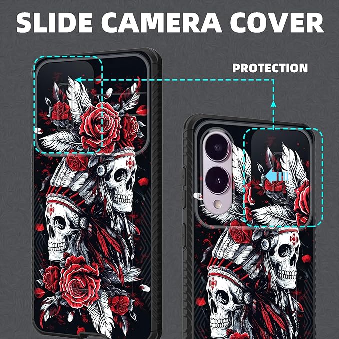 for Galaxy S25 Edge Case Built in Slide Camera Lens Cover,Heavy Duty Shockproof Protection Dual Layer Case for Samsung Galaxy S25 Edge 2025,Skull Art with Feathers and Roses