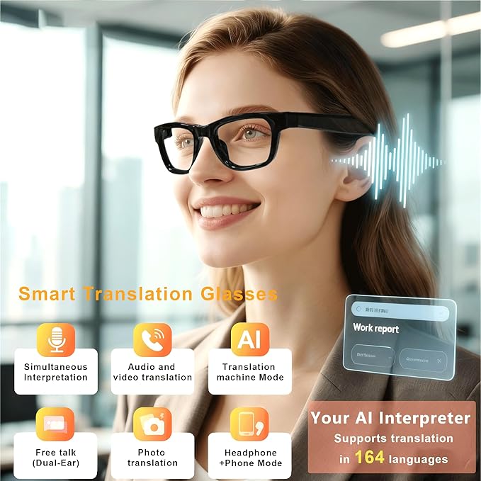 AI Translation Smart Glasses with Chat GPT, Bluetooth Glasses with Translator 164 Languages for Men and Women, Music Playback & Hands-Free Calls, Color-Change Lens, Voice Assistant (KO-1)