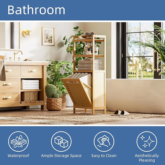 HITNET Tilt Out Laundry Hamper, Bamboo Laundry Basket with Foldable Bag and 3 Open Shelves, Freestanding Clothes Storage Organizer for Bedroom, Bathroom, Living Room, Natural
