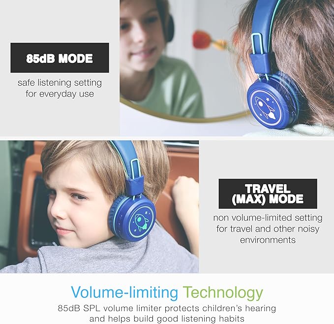 MEE audio KidJamz KJ55BT Personalized Bluetooth Wireless Safe Listening Headphones for Kids w/Custom LED-Backlit Design, Volume Limiter, Microphone; Kids Headset for School/iPhone/iPad/Tablet (Blue)