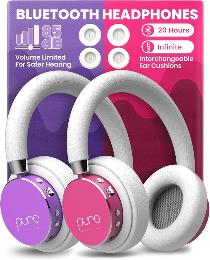 Puro Sound Labs BT2200 Plus Volume Limited Headphones for Kids, Bluetooth, Studio-Grade Audio, Over-Ear & Comfy Design, 20-Hr Battery Life, Easy to Connect Wireless Headphones for Kids, Purple & Pink