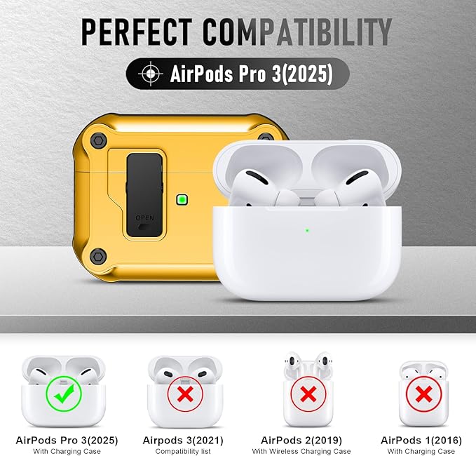 Maxjoy for Airpods Pro 3 Generation Case(2025), Secure Lock Clip Full Body Shockproof Hard Shell Protective Apple for Airpods Pro 3 Case Cover with Keychain Cleaner Kit for Men Women,Yellow