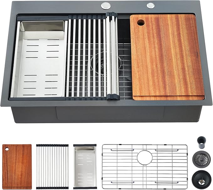 Kitchen Sink, 33 x 22 Drop in Kitchen Sink Gunmetal Black 16 Gauge Stainless Steel Kitchen Sinks Single Bowl Workstation Sink with Cutting Board
