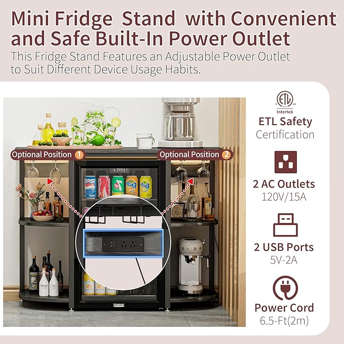 Mini Fridge Stand with Power Outlet and Led Light,Microwave Stand with Storage,Mini Fridge Cabinet with Wine Rack,Bar Cabinet with Fridge Suitable for Kitchen,Dining Room,Living Room,Black