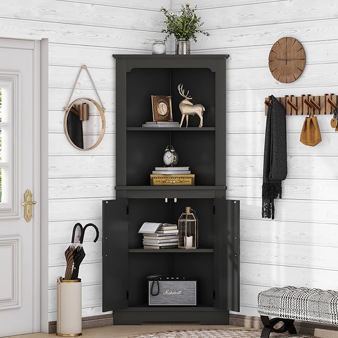 KEIKI 69.3" Corner Storage Cabinet with Round Edges, 2 Open Shelves and Door for Maximum Storage in Small Spaces, Stylish - Black