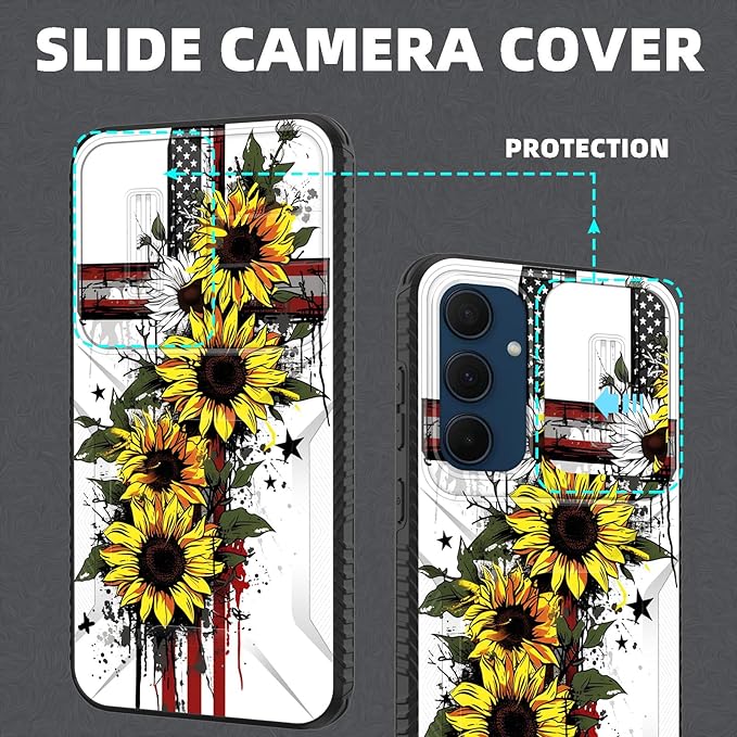 for Galaxy A35 5G Case Built in Slide Camera Lens Cover,Heavy Duty Shockproof Protection Dual Layer Case for Samsung Galaxy A35 5G 6.6 inch 2024,Cross American Flag Sunflower
