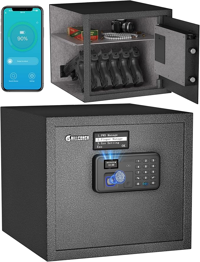 Billconch Smart Gun Safe for Multiple Pistols - Biometric Automatic Lock Safe Box with LCD Display/Voice Guide/Foldable Gun Racks, Quick Access Unlock with Fingerprint/Keypad/Key/App