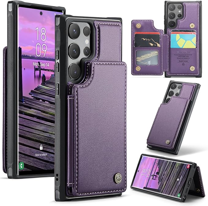Bemal for Samsung Galaxy S24 Ultra Wallet Case with Card Holder, RFID Blocking, Shockproof Leather Kickstand for Men and Women, Durable Protective Phone Cover for 6.8", Purple