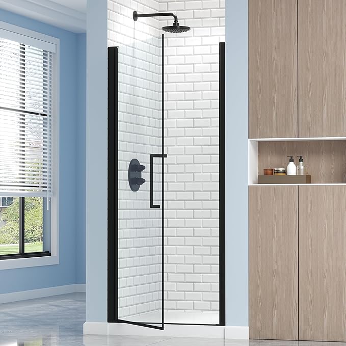 Frameless Pivot Shower Door 30.8-32" W X 72" H, 1/4" (6mm) Clear SGCC Tempered Glass, Hinged Pivot Swing Shower Door, Reversible Installation, Easy to Clean, Matte Black