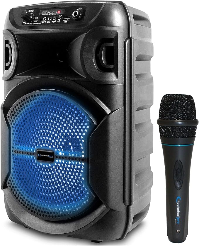 Technical Pro 8 Inch Portable 800 W Bluetooth Speaker w/Woofer & Tweeter and Portable Microphone w/Digital Processing Wired Mic Included, XLR to 1/4", Black Karaoke DJ Wired Microphone