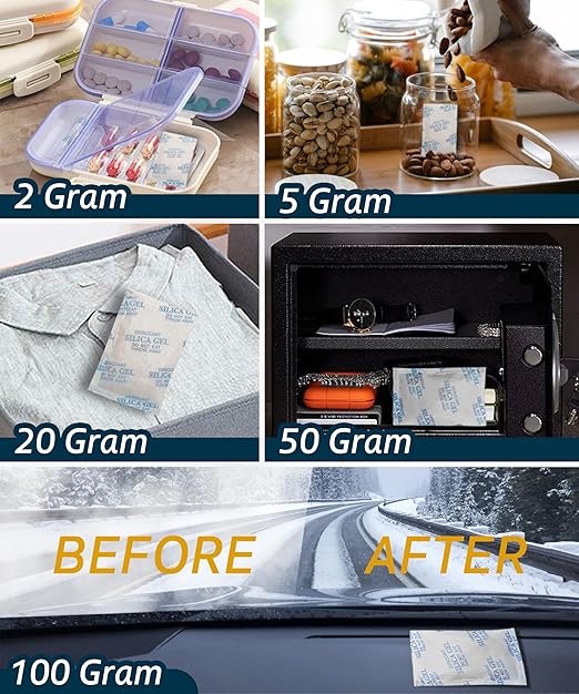 50 Gram (10 Pack) Color-Indicating Silica Gel Packets, Premium Food Grade Desiccant - Rechargeable Moisture Absorbers for Food Storage, Electronics, 3D Filament & Safes