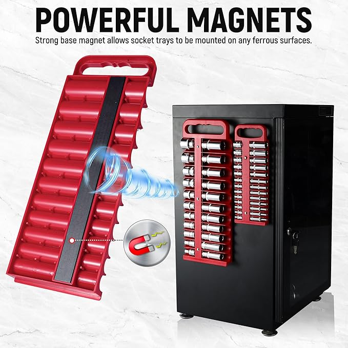 Magnetic Socket Organizer Set, 3 Pcs Red Portable Heavy Duty Socket Rail - Set: 1/4-Inch x 22 Pallets, 3/8-Inch x 28 Pallets, 1/2-Inch x 26 Pallets, Hold 76 Sockets - Fit Shallow&Deep Sockets