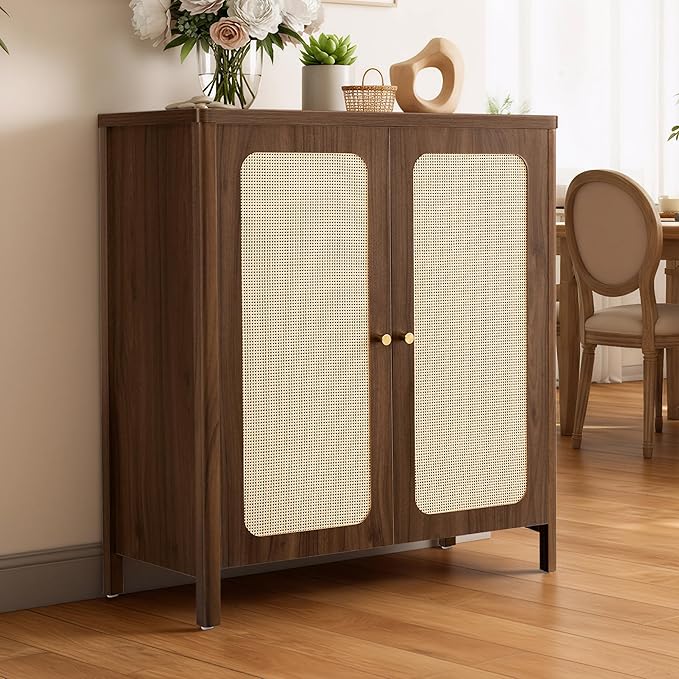 2 PCS Rattan Sideboard Buffet Cabinet 2 Door Boho Kitchen Storage Cabinet Accent Console for Living Room, Hallway, Kitchen, Sideboard, Buffet Table Walnut