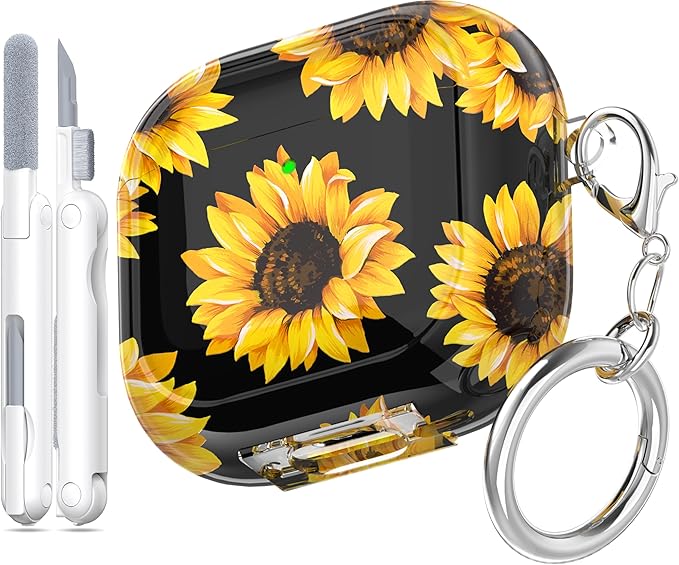 for AirPods 4th Generation Case Cover 2024, Military-Grade Shockproof, Soft TPU Highly Transparent Anti-Yellowing for AirPods 4 Case with Cleaning Kit & Cute Round Buckle, Black chrysanthemum