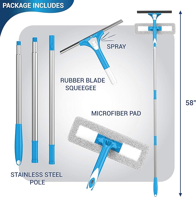 SCRUBIT Extendable Squeegee Window Cleaner- Window Cleaning Tool with Microfiber Scrubber & Spray Head - 58" Long Extension Pole for High Windows and Outdoor Glass Washing - Shower Cleaning Kit