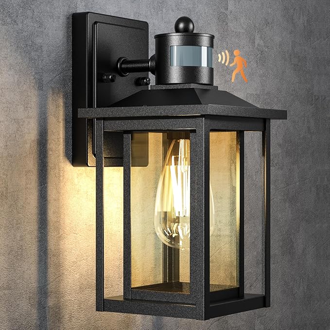 Motion Sensor Dusk to Dawn Outdoor Light, 4-Modes Adjustable Black Exterior Lighting Fixture, Waterproof Outside Wall Mount Lantern for Home, Entry, Backyard, Patio, 120V