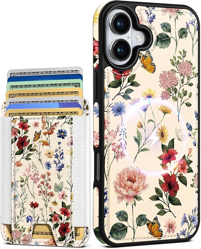 Shorogyt for iPhone 16 Plus Wallet Case - Fits 5 Cards, Compatible with Magsafe Detachable Magnetic Credit Card Holder Leather Cardholder Cute Phone Cover Women Girls for Apple 16Plus, Floral