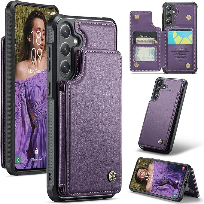 Bemal for Samsung Galaxy S25 Wallet Case with Card Holder, RFID Blocking, Shockproof Leather Kickstand for Men and Women, Durable Protective Phone Cover for 6.2", Purple