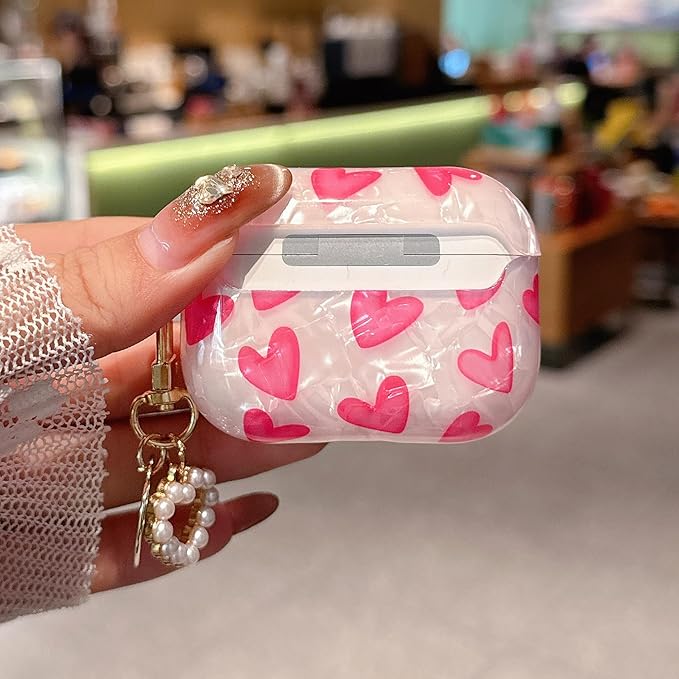 for Airpod Pro 3 Case 2025 Cute for Girls Women Romantic Love Shell Pearl Protective Cover with Keychain Compatible for Airpods Pro 3rd Generation Case (Hot Pink Hearts)