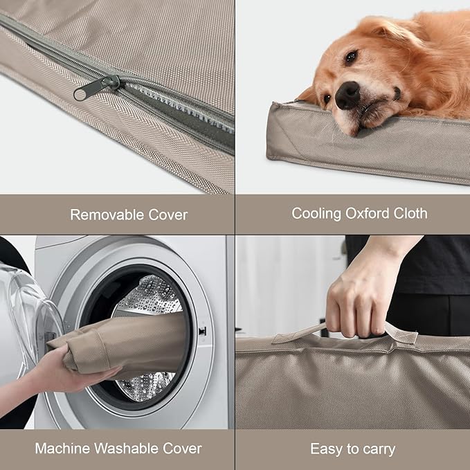 Outdoor Extra Large Dog Crate Bed, XXL Waterproof Dog Bed for Giant Breeds Dogs, 47x29 Inch Orthopedic Egg Crate Foam Pet Mat with Removable Cooling Cover, Khaki