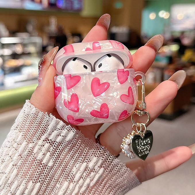 for Airpod 4 Case Cute Romantic Love Shell Pearl Protective Cover with Keychain Compatible with Airpods 4th Generation Case 2024 for Girls Women (Hot Pink Hearts)