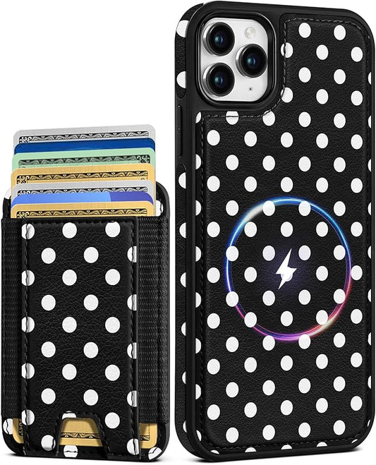 Shorogyt for iPhone 11 Pro Case Wallet - Fits 5 Cards, Compatible with Magsafe Detachable Magnetic Credit Card Holder Leather Cardholder Cute Phone Cover Women Girls for Apple 11Pro, Polka Dots