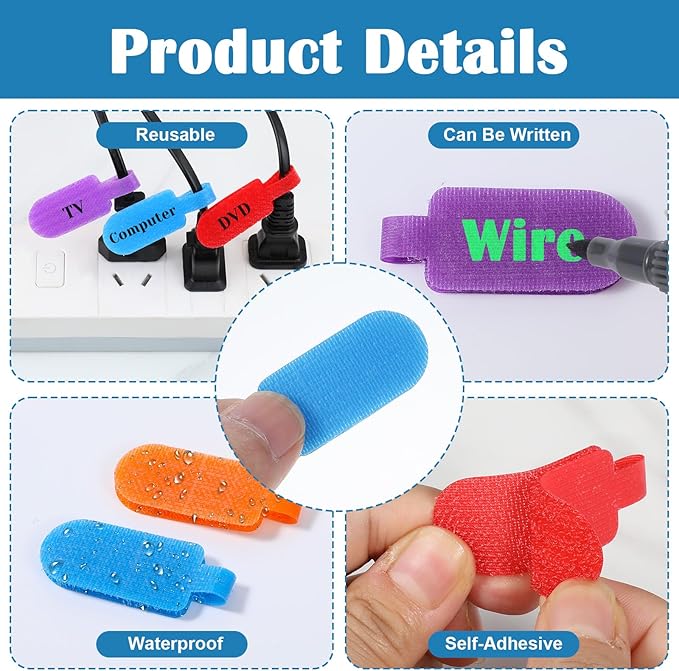 30 Pcs Cable Labels, Multi-Color Write-On Reusable Cord Labels Tags for Wire Management Identification, Nylon Cord Label for Computer Electronic Charging Cables Organization (6 Colors)