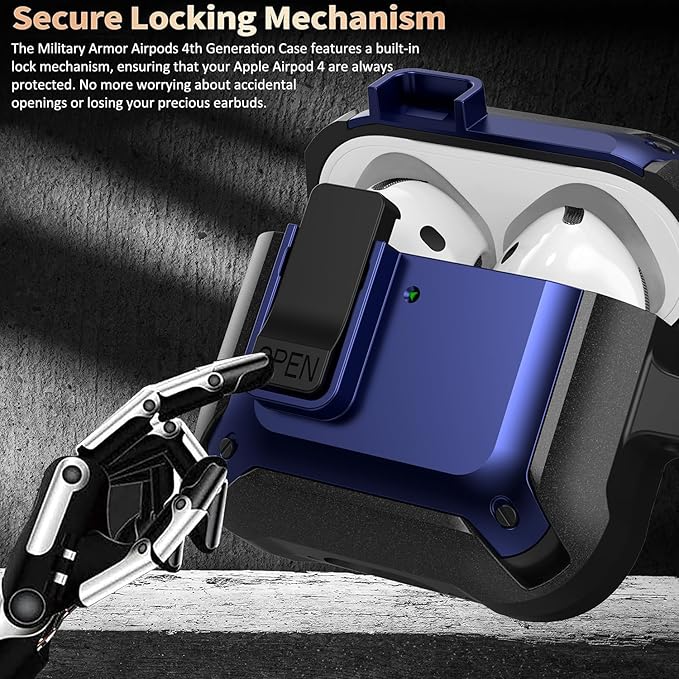 for Airpods 4 Case with Lock Clid, Rugged Apple Airpods 4th Generation Cover 2024 Men Women, Armor Shockproof iPod 4 Gen Protective Hard Shell with Carabiner&Cleaner kit, Black/Blue