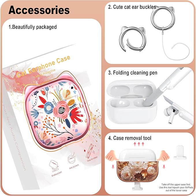 RFUNGUANGO AirPods Pro Case for Women Girly Cat Case with Lock, Phone Stand, Keychain & Cleaner Kit, Compatible with Apple Airpods Pro 2nd/1st Generation Case Cover, Rose Gold Peony