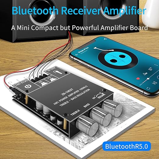 ZK-1002T 100W+100W Bluetooth Amplifier Board with Treble and Bass Control, 2.0 Channel Stereo Audio Mini Power Amplifier Board, TPA3116D2 Chip DC 9-24V, BT and AUX Inputs for DIY Wireless Speakers