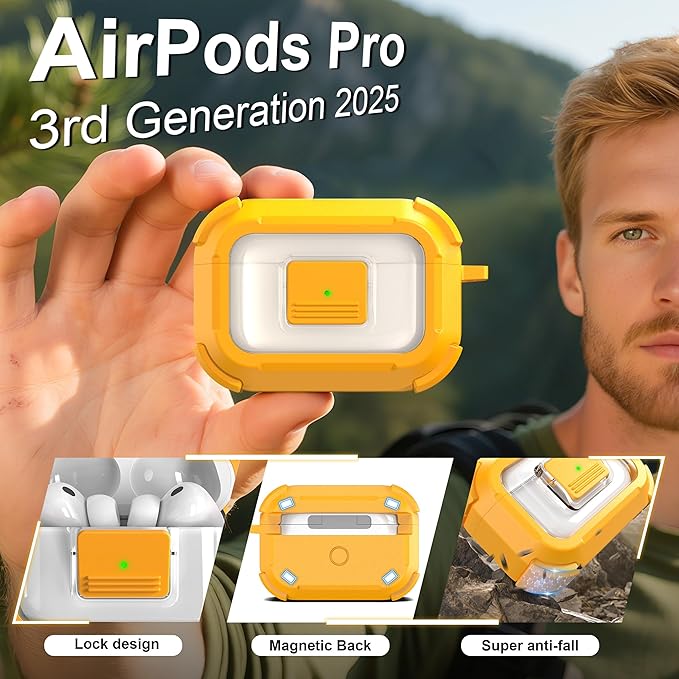 RFUNGUANGO for AirPods Pro 3 Case, Compatible with AirPods Pro 3 Generation Case (2025), Compatible with MagSafe, Magnetic Automatic Lock with Cleaner Kit and Keychain, Front LED Visible, Yellow