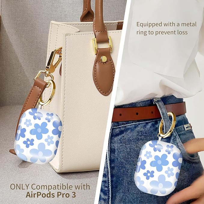 AirPod Pro 3 (2025) Case Cover for Women, Cute Shockproof TPU Protective Case with Gold Round Buckle, Anti-Drop Design Flower Blue