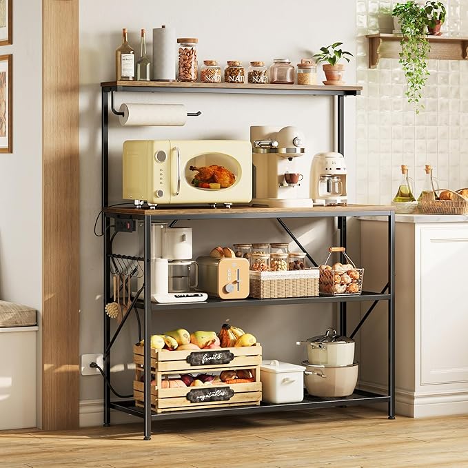 Huuger 4-Tier Bakers Rack with Reversible Power Outlet, 39.4 Inch Microwave Stand with Paper Towel Holder, Kitchen Bar, Larger Storage with Top Shelf, 6 S Hooks, White