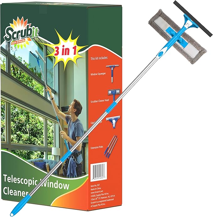 SCRUBIT Extendable Squeegee Window Cleaner- Window Cleaning Tool with Microfiber Scrubber & Spray Head - 58" Long Extension Pole for High Windows and Outdoor Glass Washing - Shower Cleaning Kit