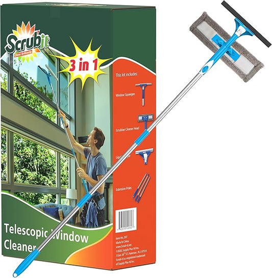SCRUBIT Extendable Squeegee Window Cleaner- Window Cleaning Tool with Microfiber Scrubber & Spray Head - 58" Long Extension Pole for High Windows and Outdoor Glass Washing - Shower Cleaning Kit