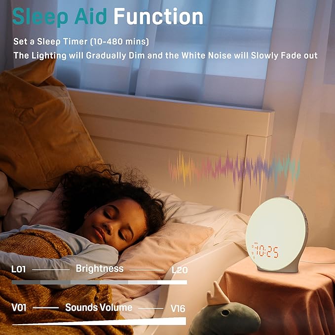 JALL Sunrise Alarm Clock White Noise Sound Machine with 22 Soothing Sounds, 17 NightLights, Bluetooth Speaker, Wake Up Light Alarm Clock for Bedrooms, Heavy Sleepers, Ideal Gift for Baby, Kids Seniors