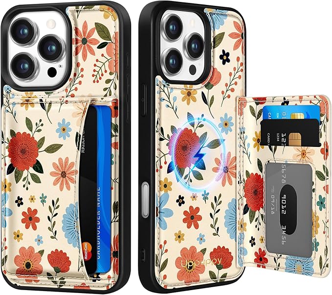 for iPhone 16 Pro Case with Wallet - Fits 4 Card Slots, Compatible with MagSafe for Women Aesthetic Durable PU Leather Credit Card Holder Kickstand Phone Cover for Apple 16 Pro, Beige Flower