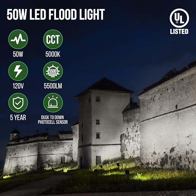 GKOLED 50W LED Flood Lights Outdoor, Dusk to Dawn Security Light, with Anti-Glare Guard, 120V 5000K 5,500LM Waterproof Landscape Lighting, Aluminum Lighting Fixture, 1/2" Knuckle Mount, UL Listed
