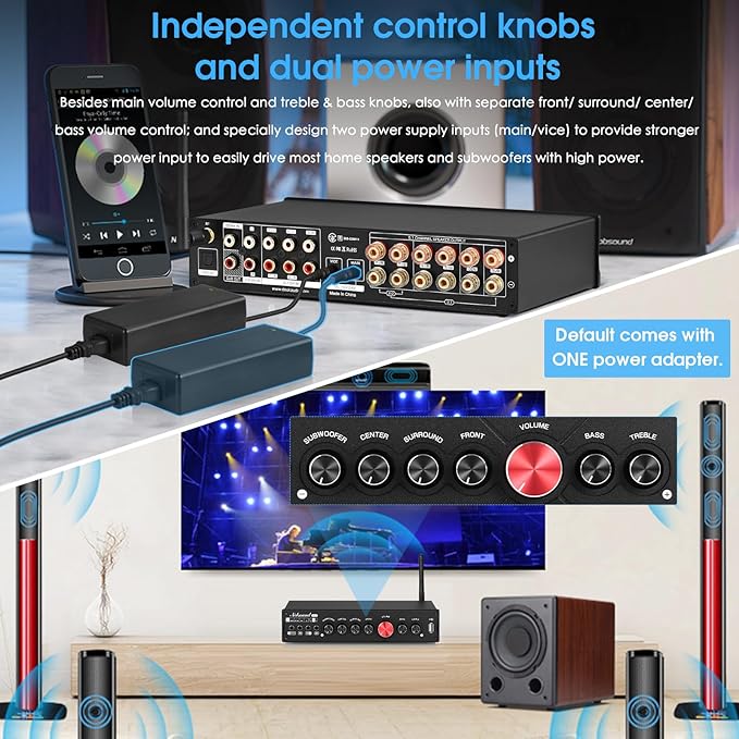 Nobsound HiFi 5.1 Channel Bluetooth Amplifier Stereo Home Theater Power Amp Subwoofer Amp