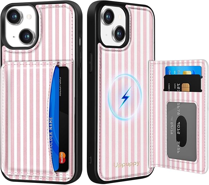 for iPhone 15 Plus Case with Wallet - Fits 4 Card Slots, Compatible with MagSafe for Women Aesthetic Durable PU Leather Credit Card Holder Kickstand Phone Cover for Apple 15 Plus, Stripe