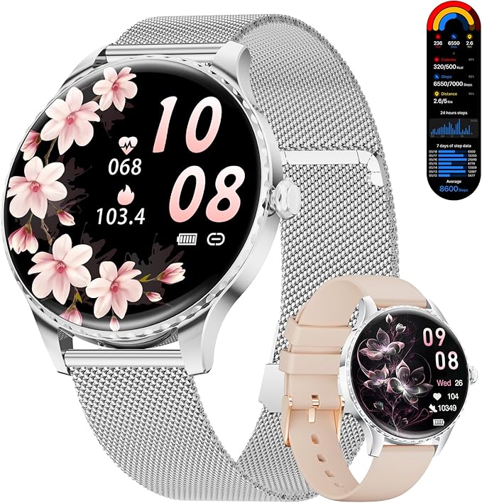 Smart Watch for Women with 2 Straps Bluetooth Calling,1.32" AMOLED Fitness Tracker with 112 Sports Modes, Heart Rate & Sleep Monitor, Waterproof Smartwatch for Android iOS
