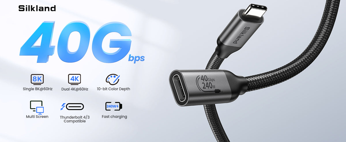 Silkland 40Gbps USB4 USB C Extension Cable 240W for Thunderbolt 4, 3.3 FT