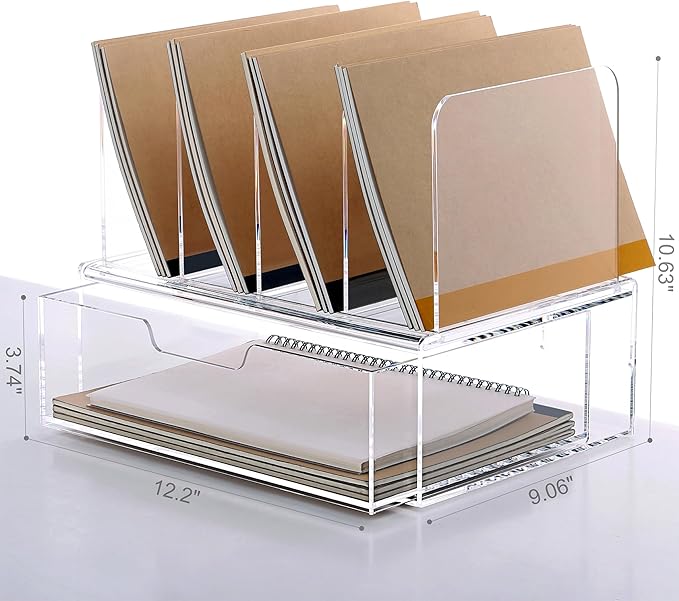 DINGHUO Acrylic Desk Organizer, 4 Sections Upright Sorter Desk Accessories Paper File Organizer with Drawer Letter Tray, Clear Office Supplies - 1 Pack