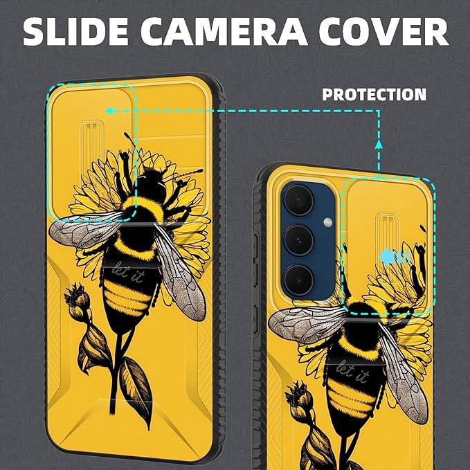 for Galaxy A35 5G Case Built in Slide Camera Lens Cover,Heavy Duty Shockproof Protection Dual Layer Case for Samsung Galaxy A35 5G 6.6 inch 2024,Honeybee Flower