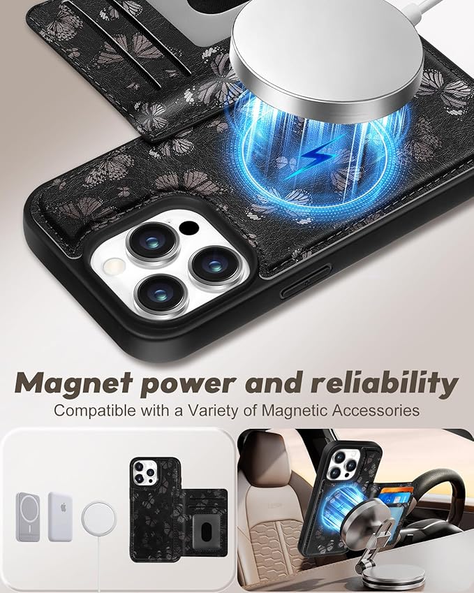for iPhone 13 Pro Case with Wallet - Fits 4 Card Slots,Compatible with MagSafe for Women Aesthetic Durable PU Leather Credit Card Holder Kickstand Phone Cover for Apple 13 Pro, Black Butterfly